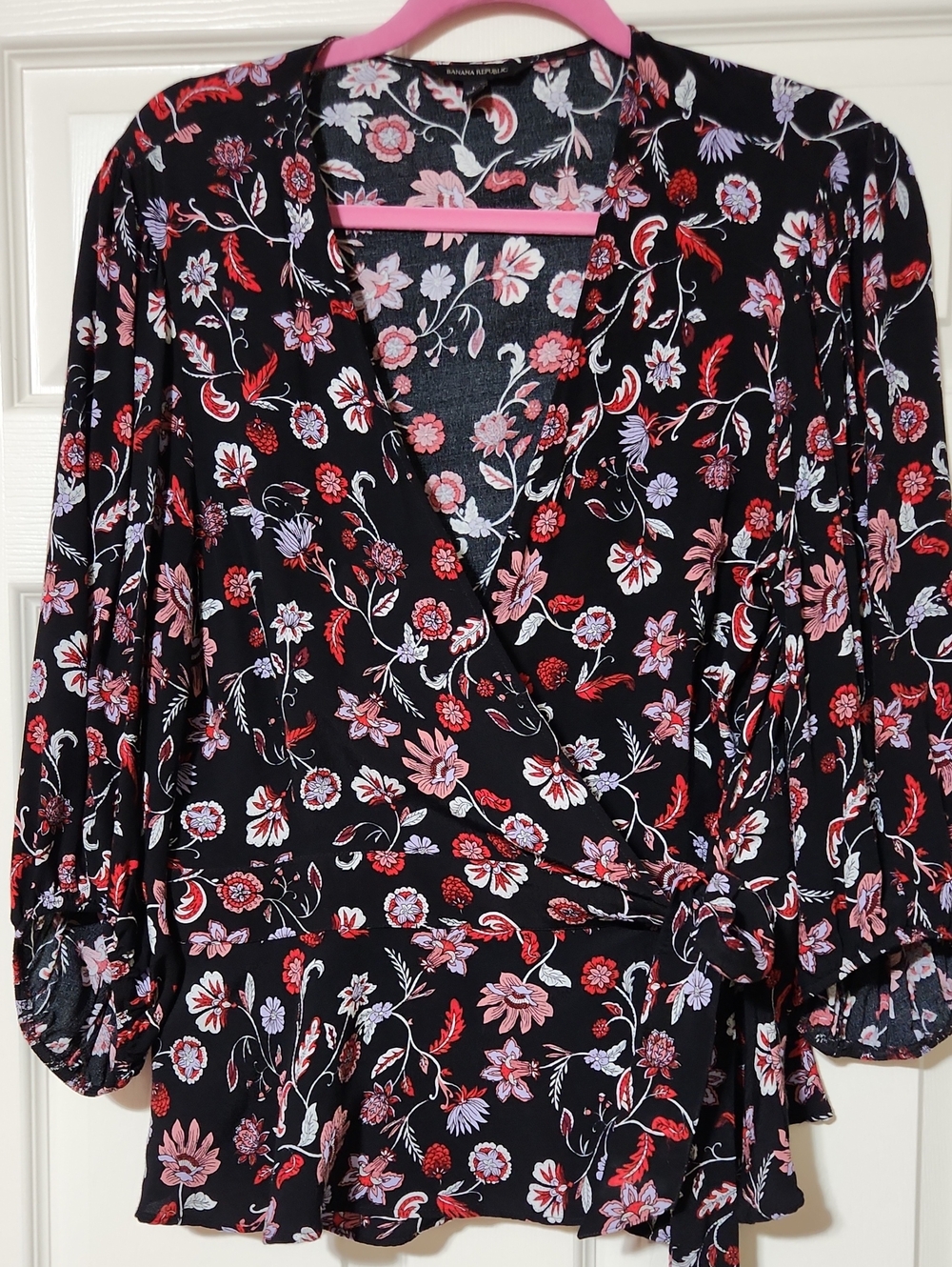 Banana Republic Black Floral Wrap Blouse with Pink & Red Flowers